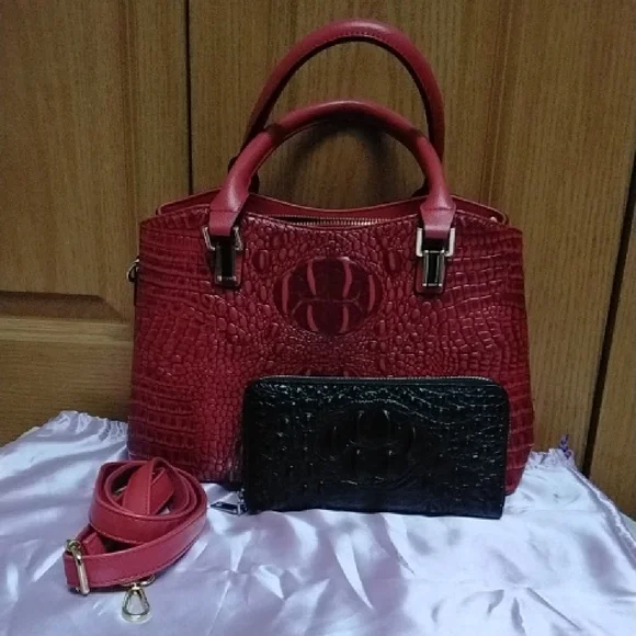 Lirenniao Red Croc-Embossed Satchel With Matching Wristlet - Picture 1 of 9